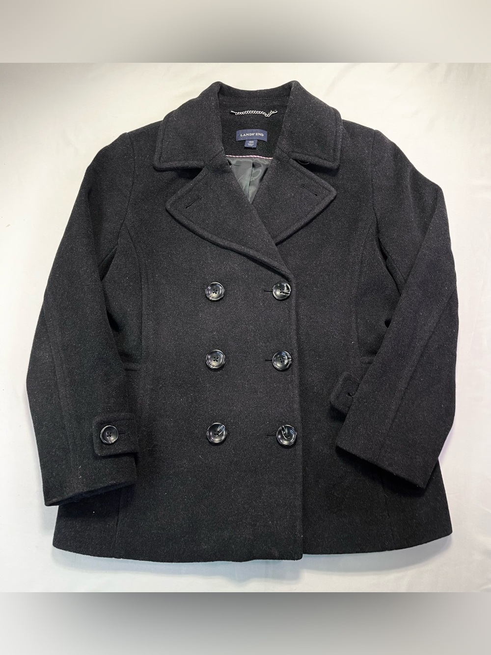 Lands' End Women's Black Double-Breasted Wool Pea Coat